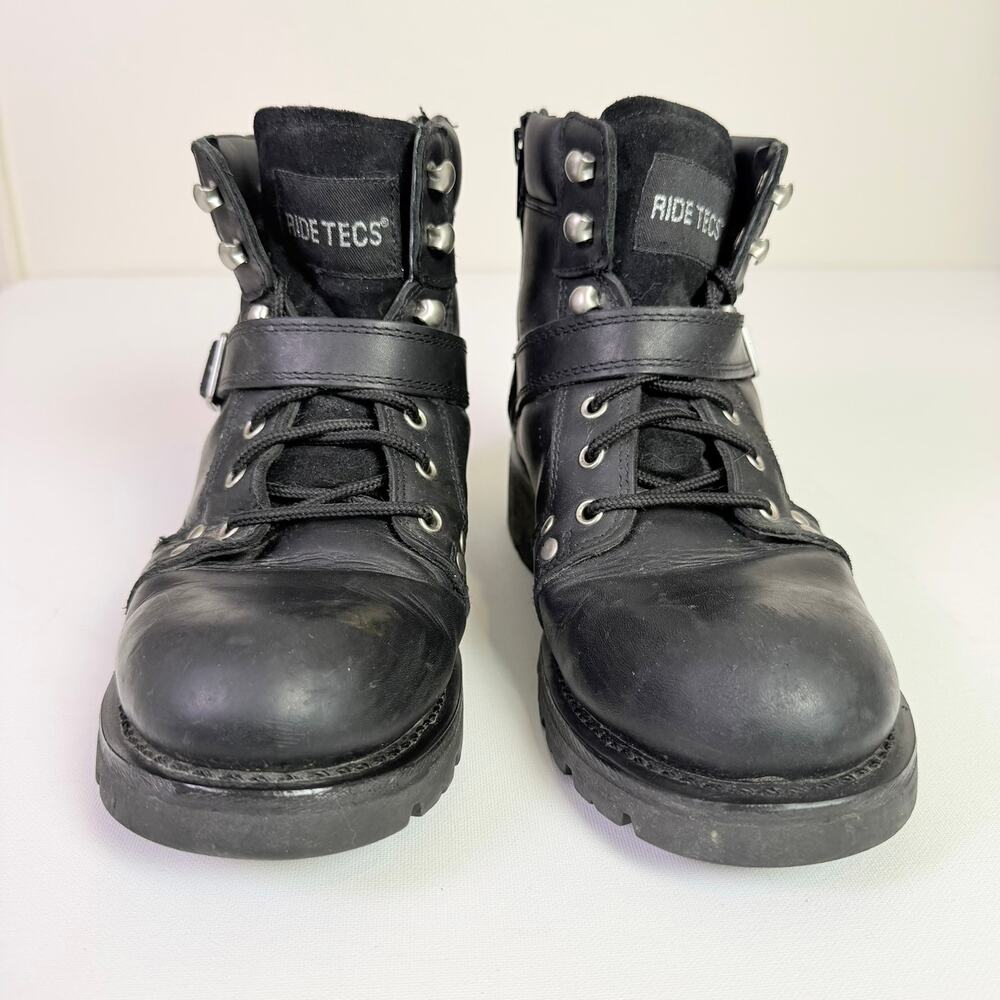 Ride Tecs 6" Black Leather Motorcycle Boots Men's 10 Buckle Strap Side Zip 9143